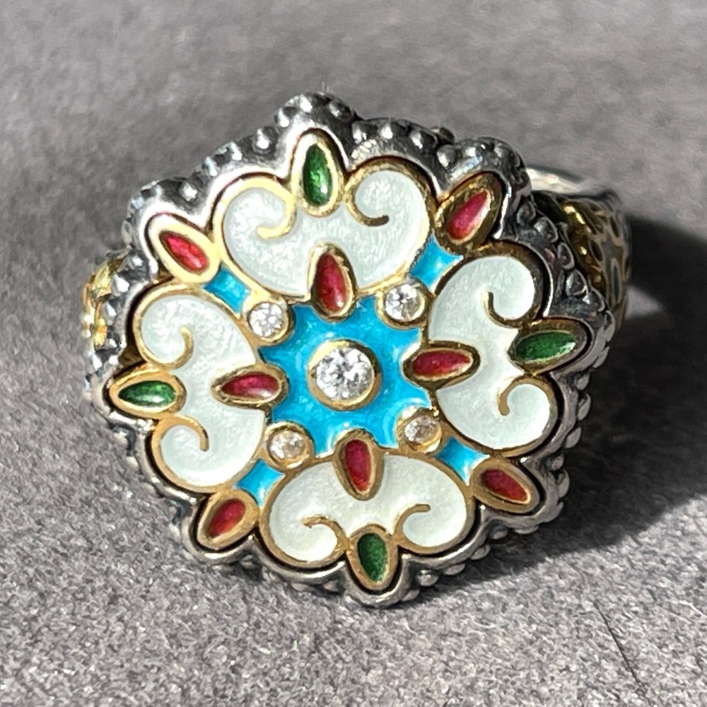Dimitrious Designer Sterling Silver Enamel Elaborate Greek Designer Ring Size 8 - Picture 2 of 11